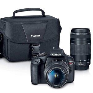 Canon EOS Rebel T7 with 2 lenses, vintage case, and strap